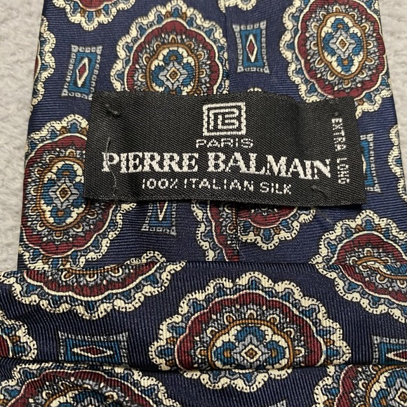 Pierre Balmain Neck Tie‎ Silk Paisley Geometric Blue Parisian Italy X Long 62" - Picture 2 of 5